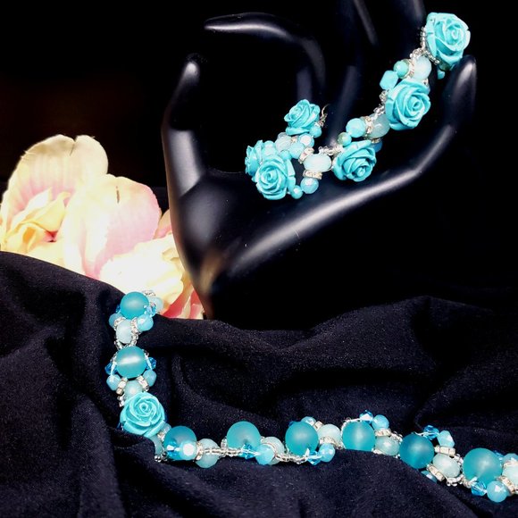 Turquoise Ice & Roses 3pc Jewelry Set,  Sterling Silver w/Glass & Crystal Beads - Picture 7 of 15